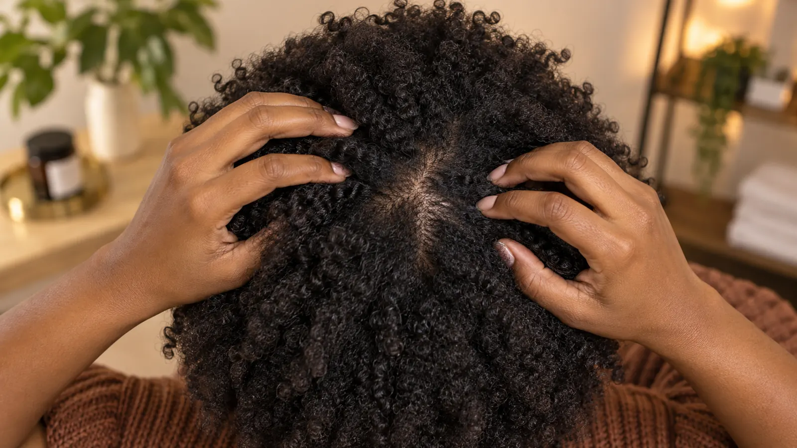 Illustrative view of a woman checking the crown of her scalp, not a clinical image of CCCA