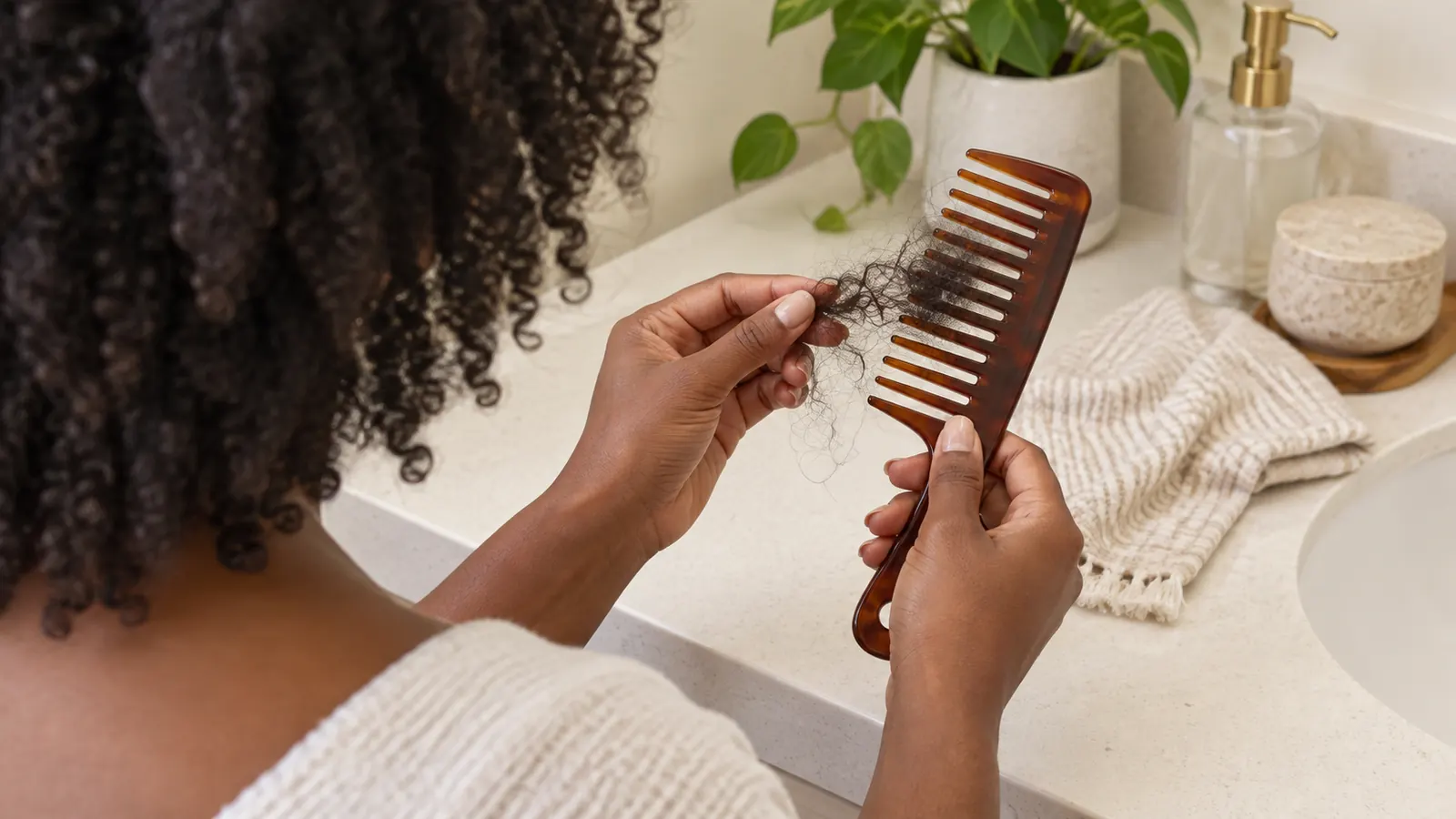 Woman viewed from behind checking shed hair after combing