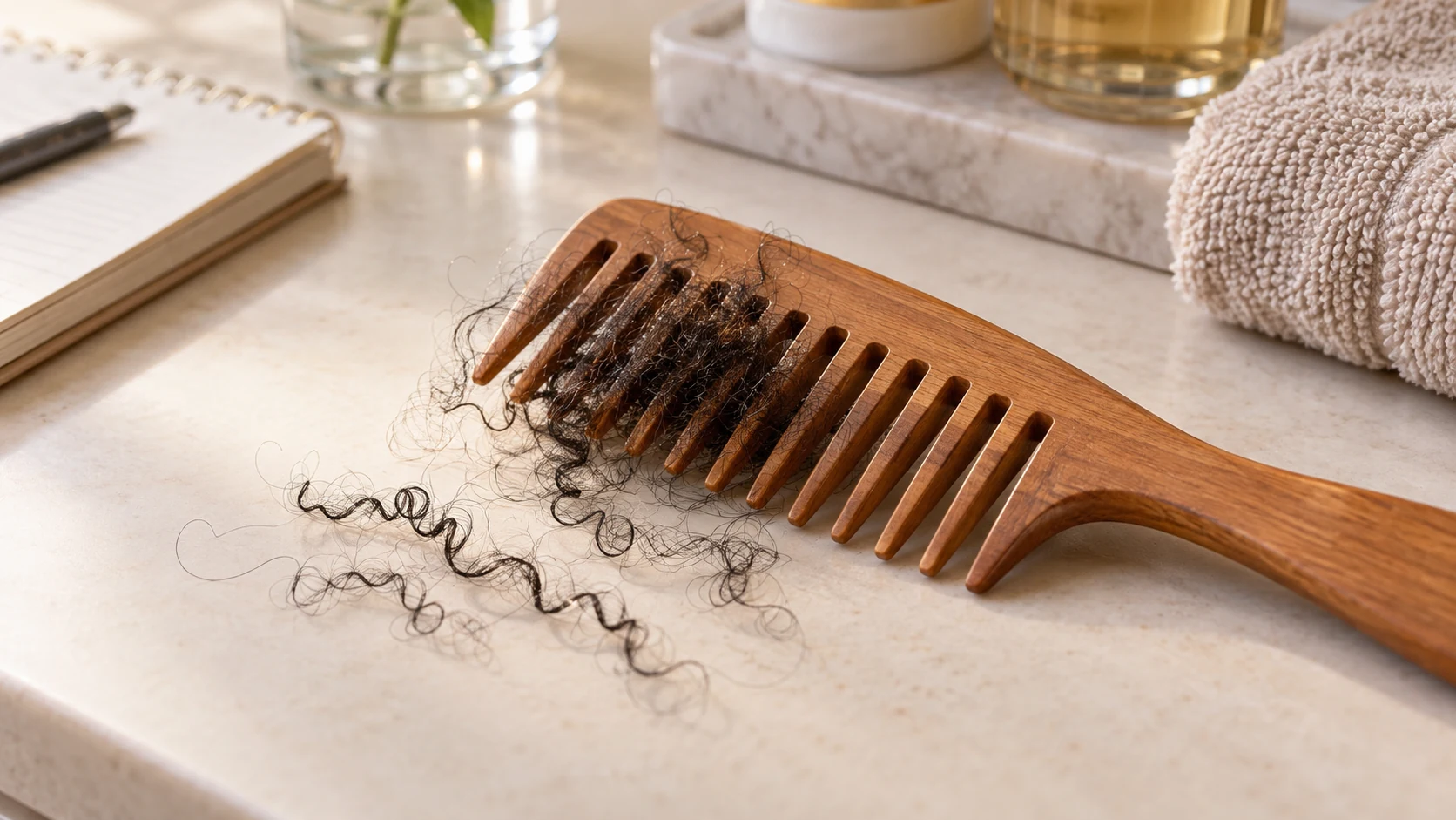 A wide-tooth comb with a modest amount of naturally shed textured hair for assessing hair shedding