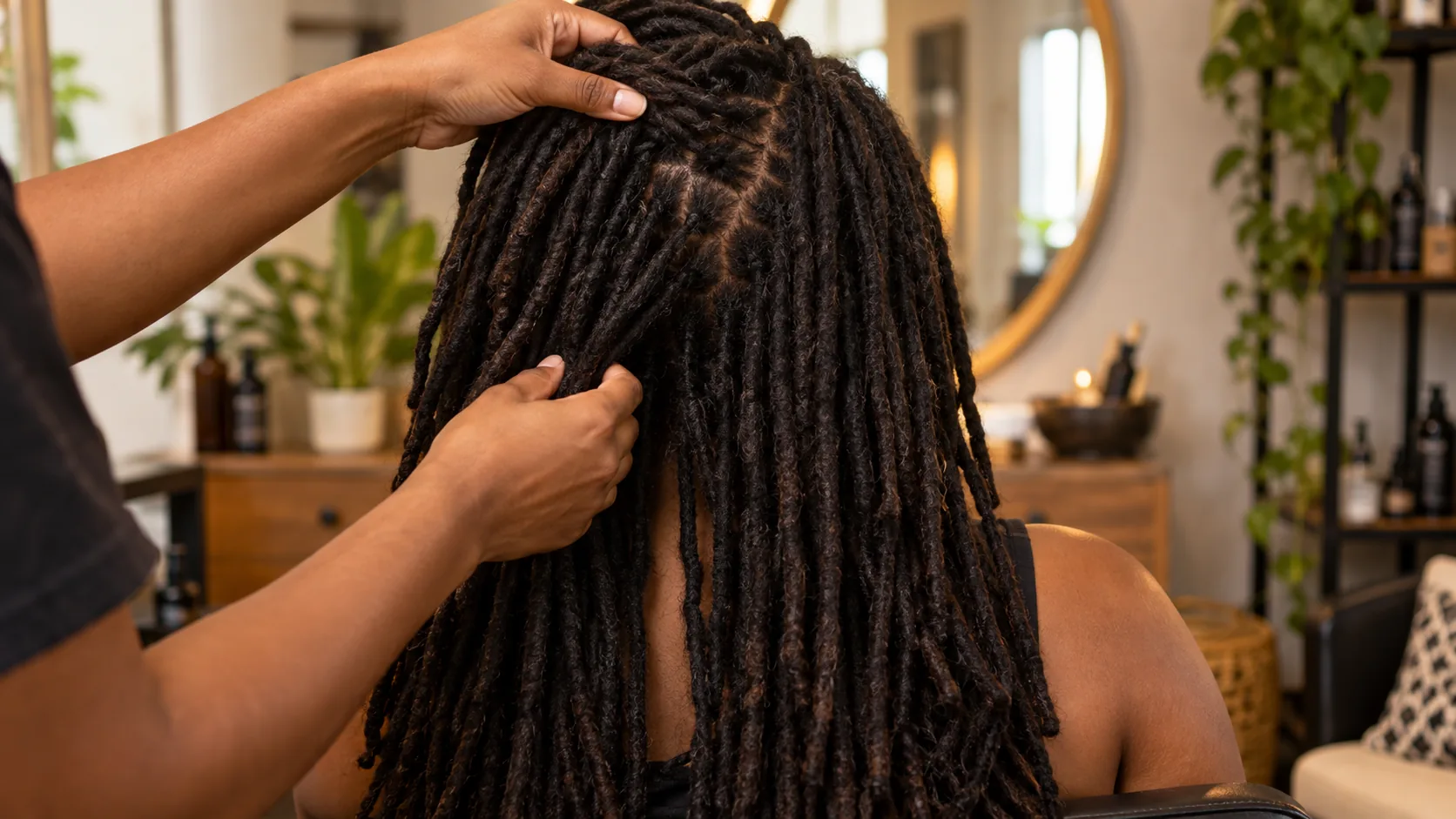 Stylist gently parts mature locs to view the scalp in a salon
