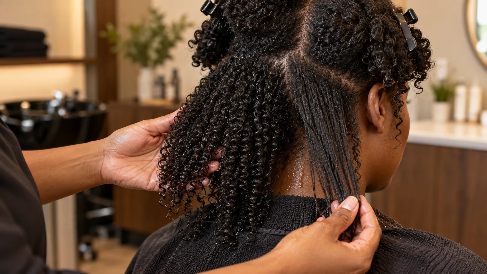 Stylist compares defined natural curls with a looser heat-damaged section after washing