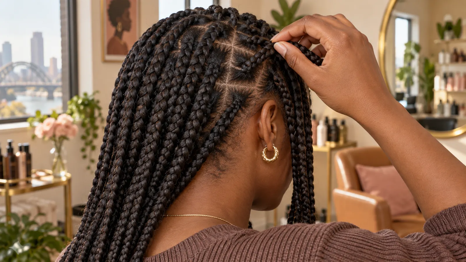 Woman viewed from behind gently checking the roots of her braids