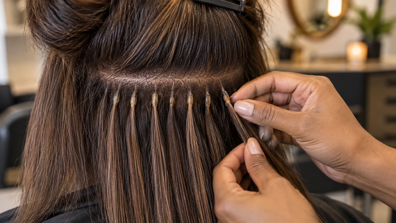 Small individual K-tip keratin bonds carefully installed on fine hair in a professional salon