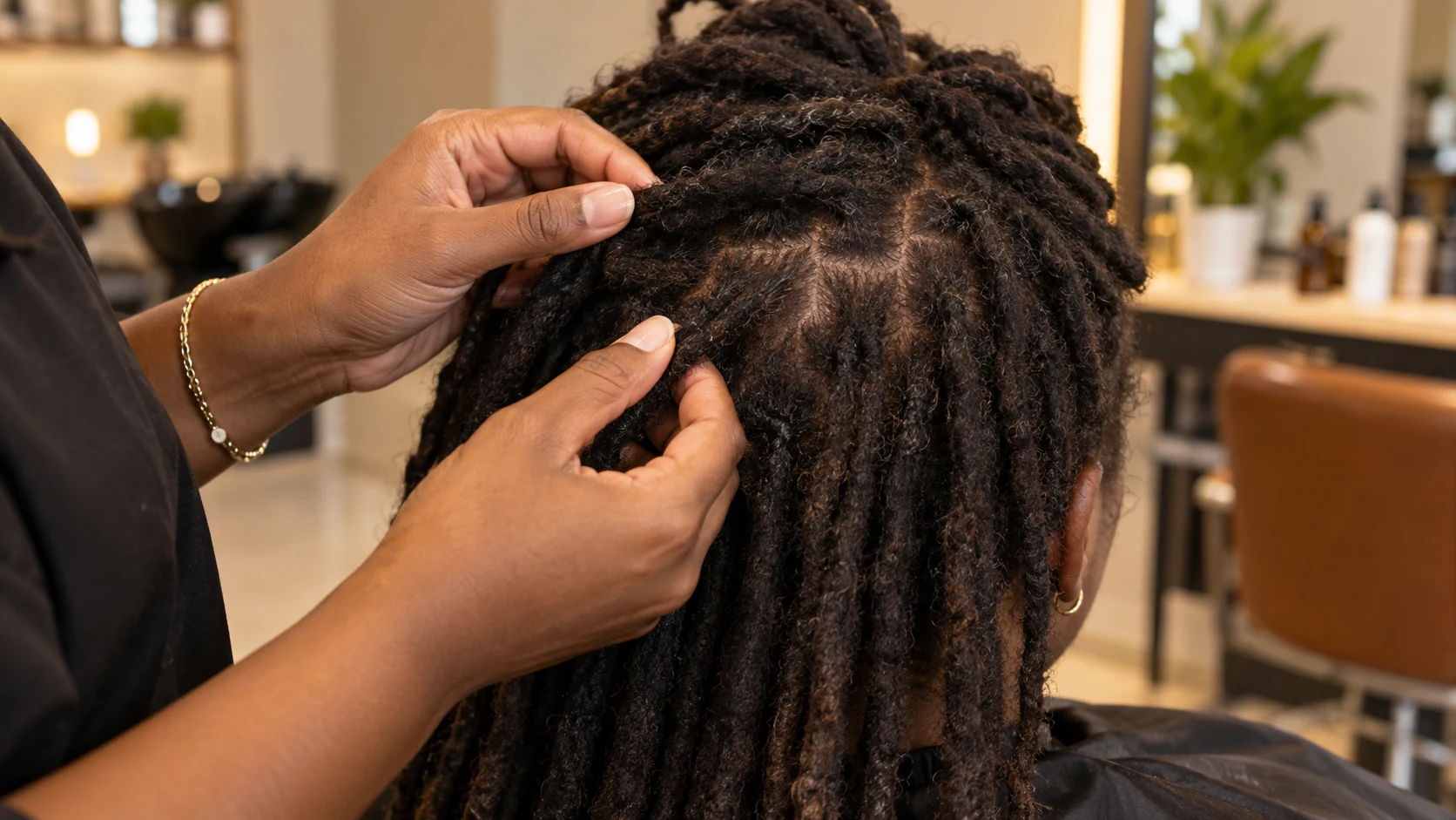 Professional gently assesses thinning roots between mature locs in a natural hair salon