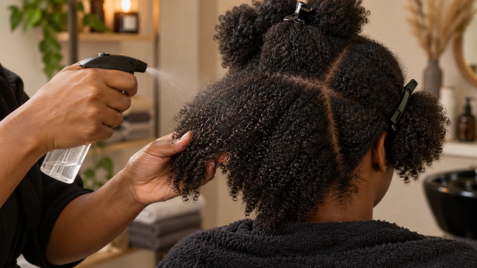 Stylist gently mists and sections dense 4C hair during a wash-day routine
