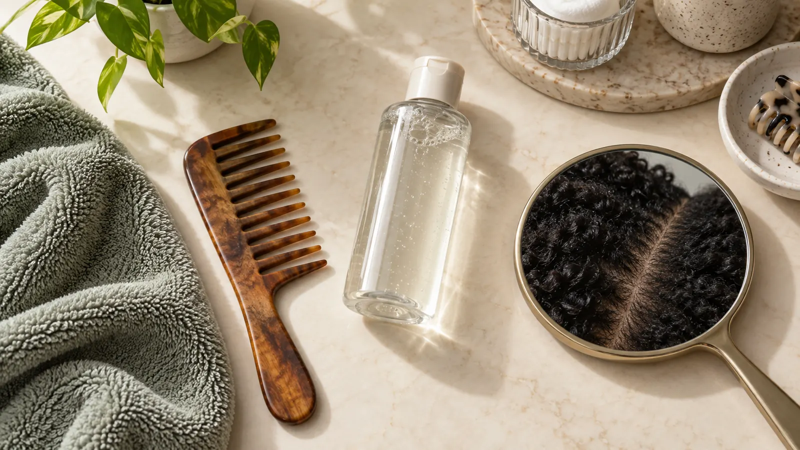 Scalp care items and a mirror showing a natural hair part, not a clinical image of folliculitis
