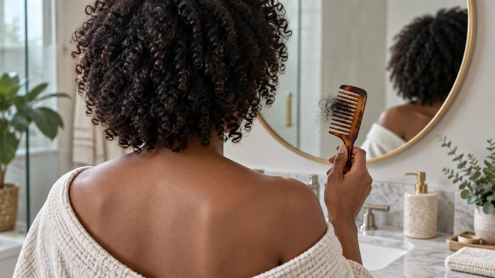 Woman viewed from behind checking shed hair in a comb