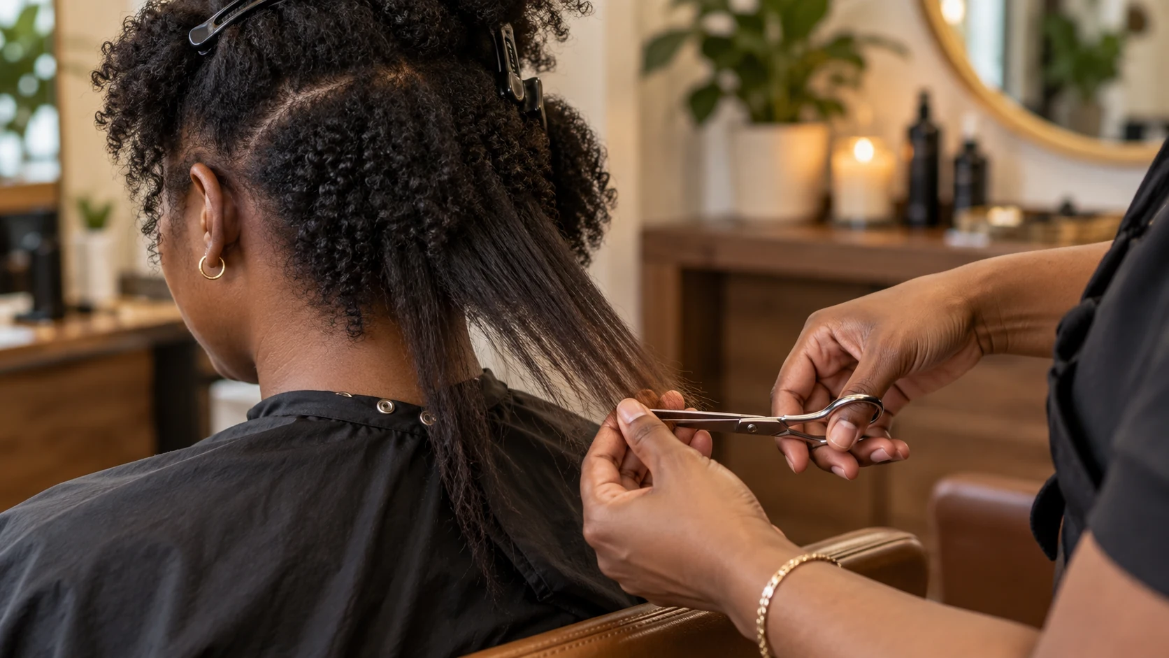 Stylist trims relaxed ends while supporting coily natural new growth during a hair transition