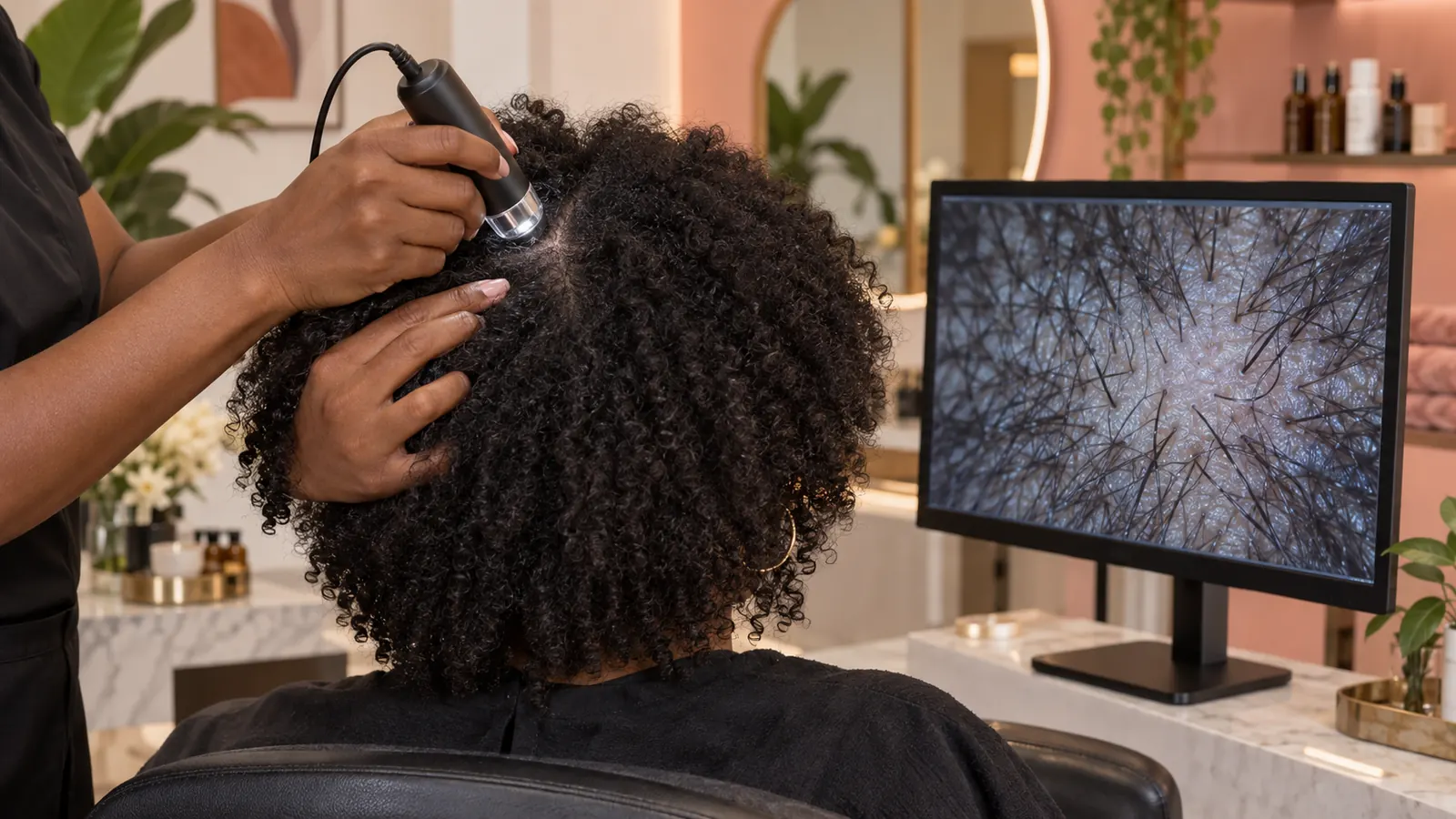 Hair and scalp analysis shown from behind, with no visible practitioner face