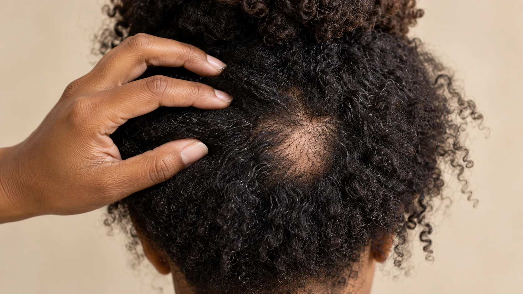 Localized bald patch within natural textured hair shown respectfully for educational assessment