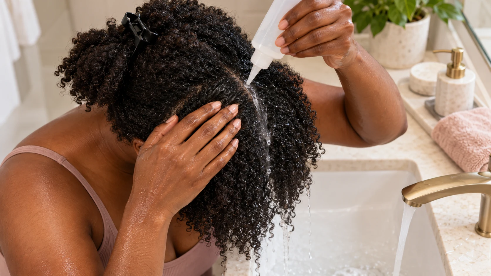 Woman sectioning and cleansing her own natural textured hair to remove scalp buildup
